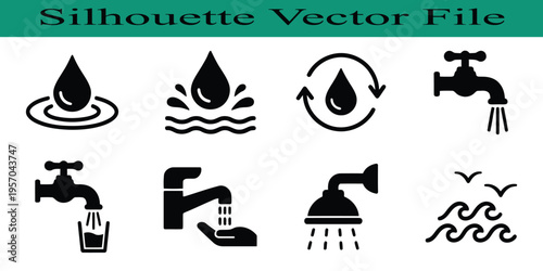 Collection of black silhouette icons depicting various water concepts and symbols used daily