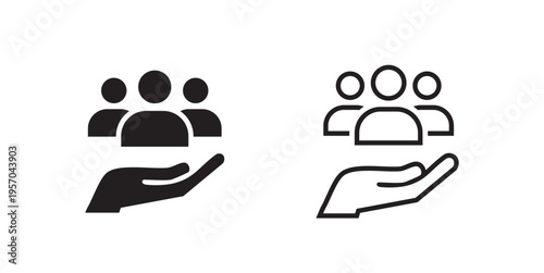 A pair of black and white illustrations depicting hands cradling groups of people high-quality professional detailed