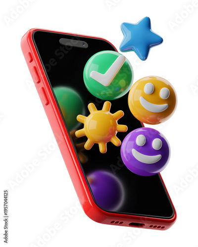 3D Smartphone App Feedback Interface with Emojis Rating Icons and Approval Checkmark