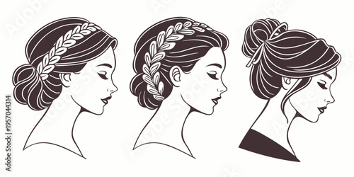 woman wedding hairstyle, braid hairstyle for female, cute girl collection, young girl side view profile silhouette black filled vector illustration icon set. vector 