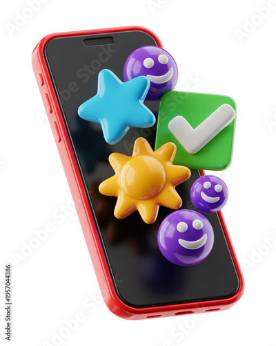 3D Smartphone App Interface with Rating Emojis Feedback Icons and Approval Checkmark
