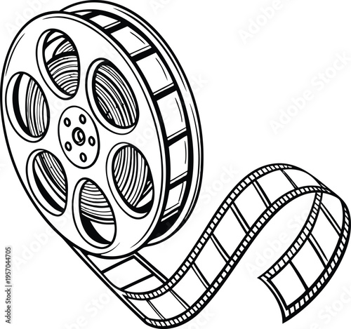 A detailed, monochrome illustration of a film reel and film strip. The film reel, positioned on the left side of the image, is rendered in a three-quarter perspective, showcasing its circular form wit