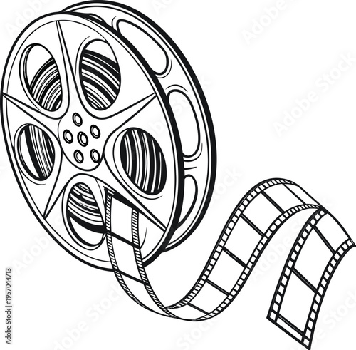 A detailed, monochrome illustration of a film reel and film strip. The film reel, positioned on the left side of the image, is rendered in a three-quarter perspective, showcasing its circular form wit