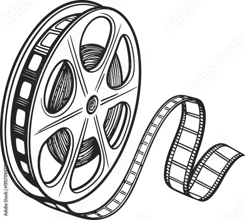 A detailed, monochrome illustration of a film reel and film strip. The film reel, positioned on the left side of the image, is rendered in a three-quarter perspective, showcasing its circular form wit