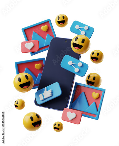 3D Smartphone Social Media Concept with Emojis Likes Shares and Photo Interaction Icons