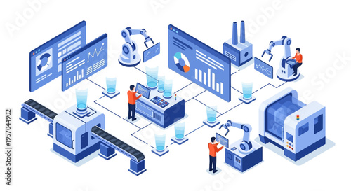 Isometric illustration of a modern industrial data analytics dashboard with people working in a futuristic factory setting, showcasing technology and innovation in business process