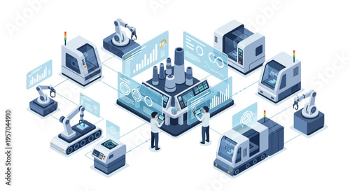 Isometric illustration of people interacting with industrial data analytics dashboard and various machines in a modern factory setting with a futuristic design and efficient process system.