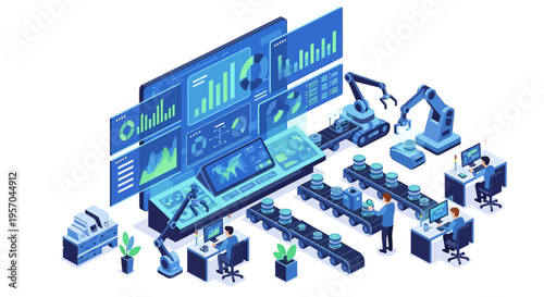 Isometric illustration of a modern industrial data analytics dashboard with people working in an efficient process system, surrounded by technology and innovation elements in a blue and