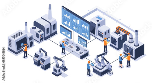 Isometric illustration of people working in a modern factory with industrial data analytics dashboard on a large screen, showcasing technology and innovation in a futuristic industrial