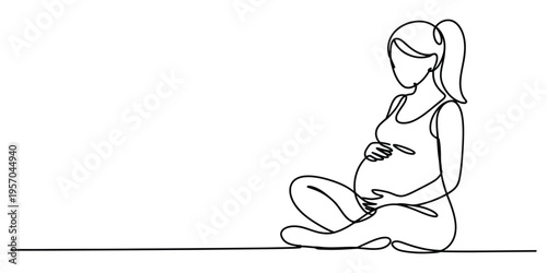 Continuous line drawing of a pregnant woman sitting down and holding her belly with gentle affection