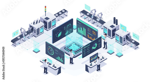 Isometric illustration of a modern industrial data analytics dashboard with people working on computers and screens displaying graphs and charts in a futuristic factory background.