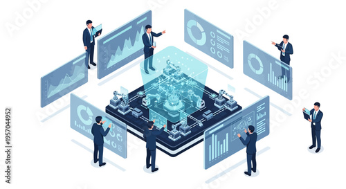 Isometric illustration of business professionals analyzing data on a large industrial data analytics dashboard with various screens and graphs in a modern, futuristic setting.