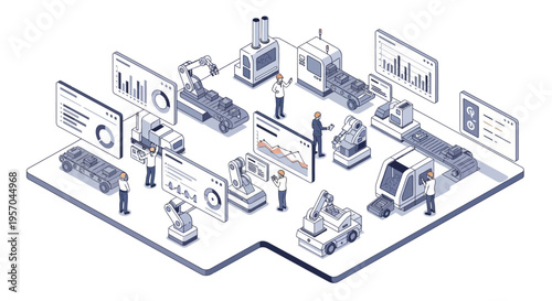 Isometric illustration of a modern industrial data analytics dashboard with people working in a factory setting, surrounded by screens and machinery, conveying innovation and efficiency in