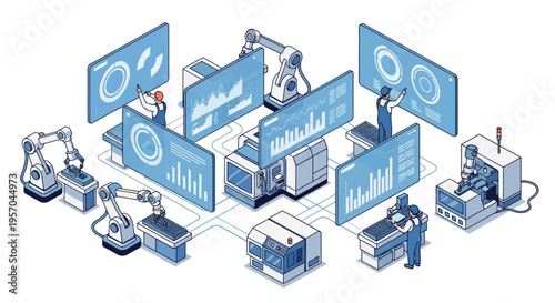 Isometric illustration of a modern industrial data analytics dashboard with people working on technology and innovation in an efficient business process.