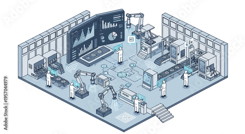 Isometric illustration of a modern factory interior with industrial data analytics dashboard and people working around machinery and technology systems.
