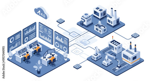 Isometric illustration of people working in a modern industrial setting with data analytics dashboard and technology systems for efficient business process and innovation.
