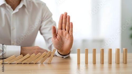 A person's hand is actively preventing a line of wooden dominoes from collapsing completely, demonstrating control and intervention against a chain reaction.