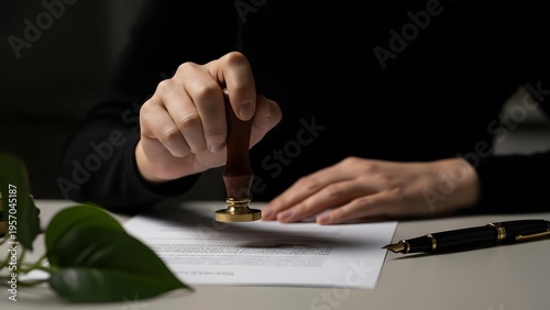 A person's hand is carefully pressing a traditional wax seal or an official stamp onto a legal document or contract placed on a professional desk.