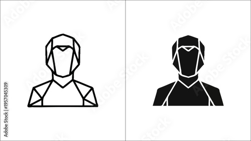 A minimalist geometric human bust icon presented in both outlined and solid black fill variations Vector