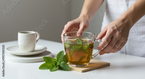 Woman making herbal tea from fresh mint while lifting glass mug above herbs and saucer