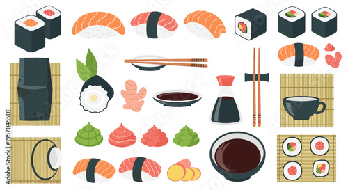 Assortment of delicious sushi and Japanese food items arranged artistically on bamboo mats and plates, showcasing a vibrant culinary experience