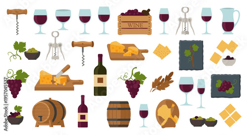Collection of wine and cheese elements for a tasting or celebration, including grapes, bottles, glasses, corkscrews, cheese, and barrels