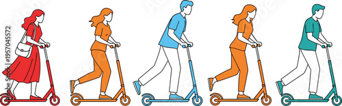 People riding electric scooters collection, urban mobility concept, men and women commuting, eco friendly transport, modern lifestyle vector illustration set