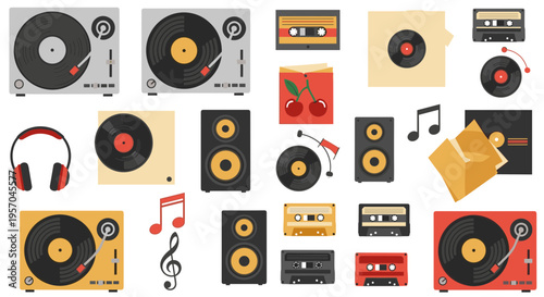 Vintage audio equipment collection including turntables, cassette players, headphones, and speakers, representing retro music and sound technology