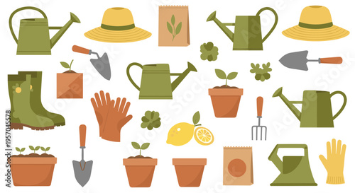 Gardening tools and supplies for planting and growing flowers and vegetables in pots and garden beds, spring season concept