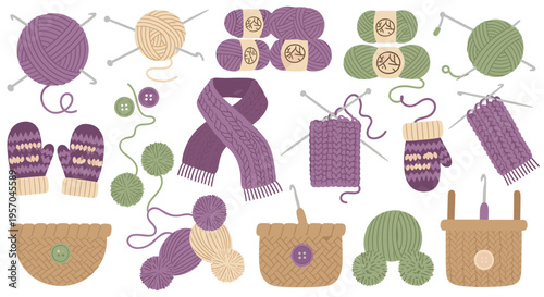 Cozy knitting and crochet supplies including yarn balls, needles, mittens, scarves, and baskets for crafting warm winter accessories