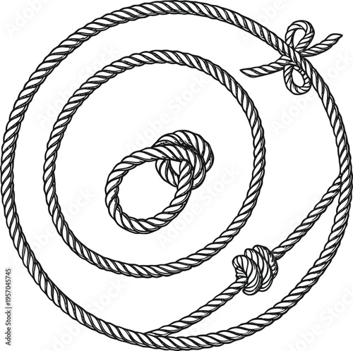 A detailed, monochrome illustration of nautical rope elements is presented against a stark white background. The central focus is a circular frame meticulously crafted from thick, intertwined rope, su