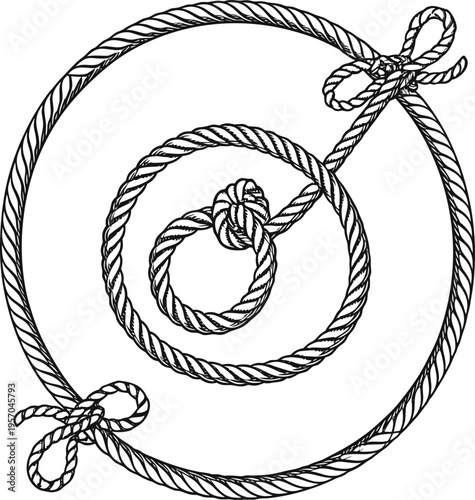 A detailed, monochrome illustration of nautical rope elements is presented against a stark white background. The central focus is a circular frame meticulously crafted from thick, intertwined rope, su