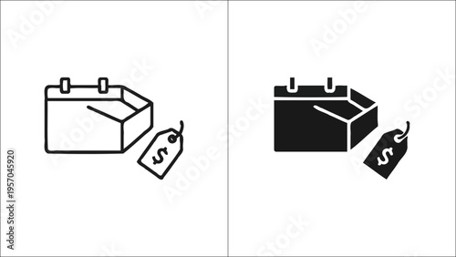 A minimalist flat icon set featuring a shopping box with a dollar price tag in outline and fill Vector