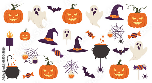 Halloween collection of cute cartoon pumpkins ghosts witches hats spiders bats and candy for holiday decoration and design