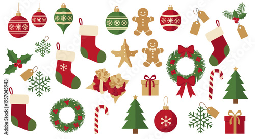 Christmas holiday decorations and ornaments including stockings, trees, wreaths, gingerbread cookies, gifts, snowflakes and candy canes