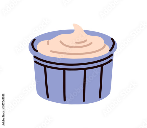 Creamy dip sauce swirl served in bowl. Sour cream, dairy product, garnish. Yogurt in container. Natural yoghurt. Flat vector illustration isolated on white background