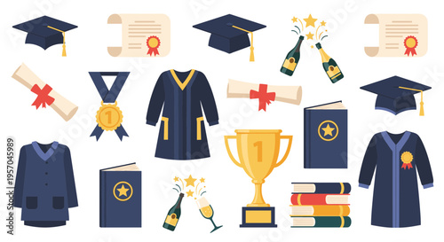 Graduation Celebration Elements Featuring Academic Caps Gowns Diplomas Trophies Champagne Bottles Books and Medals for Educational Achievement and Success