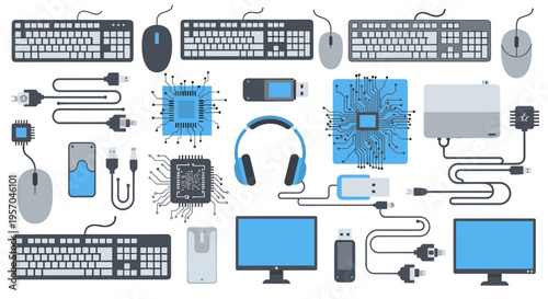 Collection of computer hardware and electronic components including keyboards mice monitors processors and cables for digital technology and data processing concepts