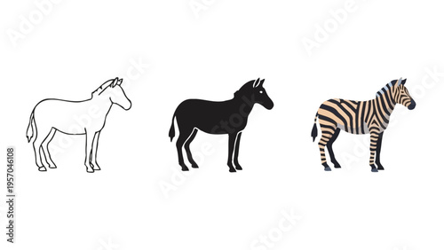 A sequence showing the artistic development of a zebra from a simple outline to a detailed design Vector