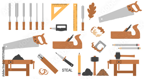 Collection of woodworking tools and materials for carpentry and DIY projects on a white background