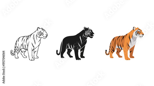 Three different artistic renderings of a tiger standing in a profile view on a plain white background Vector