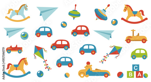 Collection of colorful children's toys including rocking horses, cars, kites, spinning tops, and building blocks on a white background