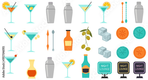 Collection of cocktail glasses, bar tools, bottles, and lounge signs, perfect for bar menus, party invitations, and hospitality promotions