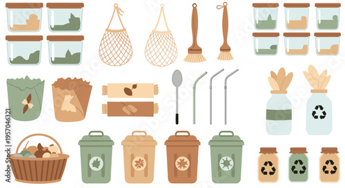 Sustainable living essentials collection for eco friendly lifestyle and zero waste home organization with reusable containers and natural materials