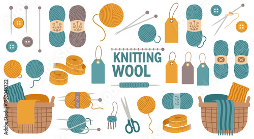 Collection of knitting wool yarn balls needles buttons and baskets for crafting and hobbies in warm yellow and cool blue tones
