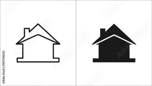 A comparison showing a simple outline of a house icon next to a solid black filled house icon Vector