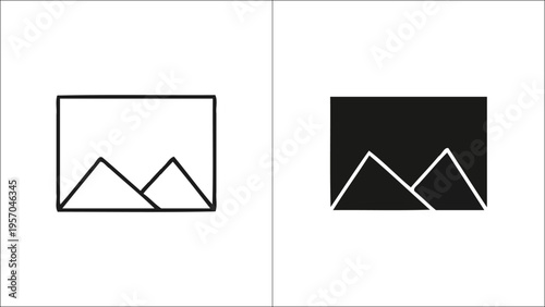 A comparison of two mountain landscape icons presented as both outlined and solid filled shapes Vector