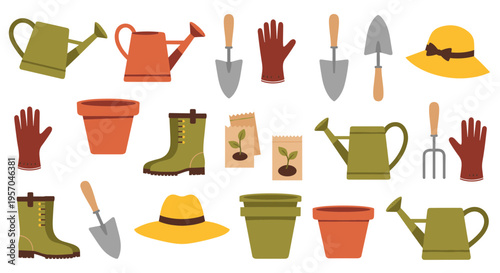 Gardening tools and supplies for planting and watering flowers and vegetables in the garden during spring and summer season