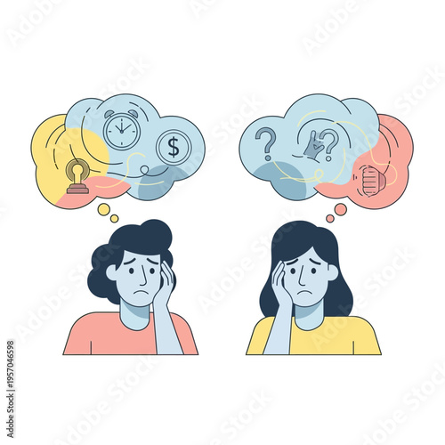 Two women stressed with thoughts of money, time, and confusion