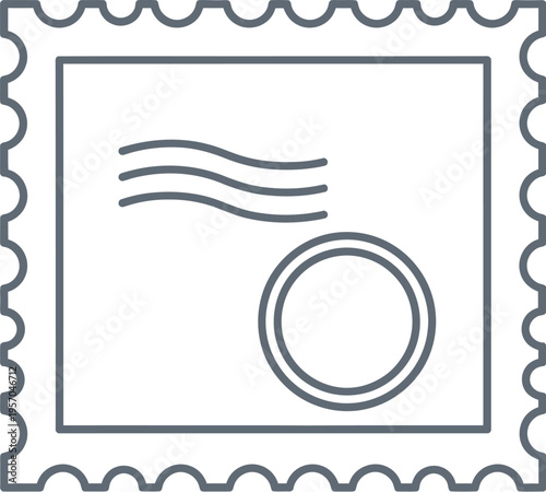 Outline drawing of a postage stamp featuring wavy cancellation marks and a circular postmark symbol on a white background.